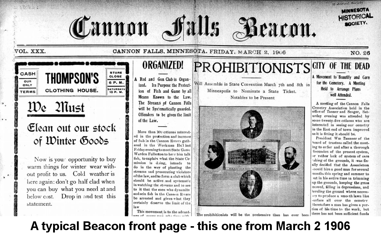 IMAGE/PHOTO: Typical Cannon Falls Beacon Front Page: Top third of the front page of the March 2, 1906 Cannon Falls Beacon, with a display ad for Thompson's Clothing House, and articals about a new rod and gun glub, Prohibitionists running for office, and 